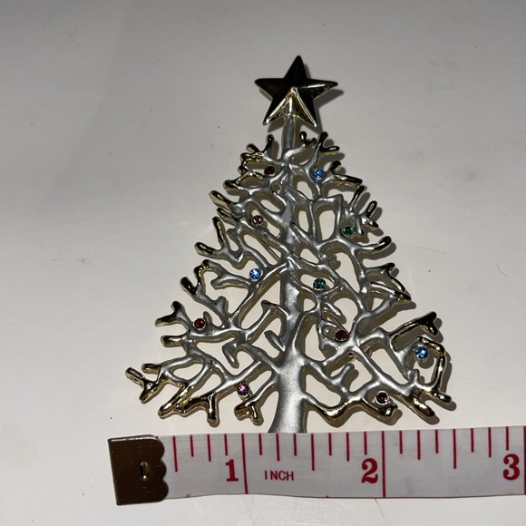 Vintage Silver & Gold Rhinestone Christmas Tree Pin Brooch Decorative Jewelry - Picture 8 of 9